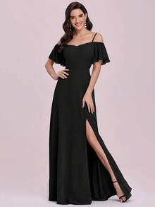 Women's Elegant Off-Shoulder Split Hem Dress, Graceful Summer - Black - View 2
