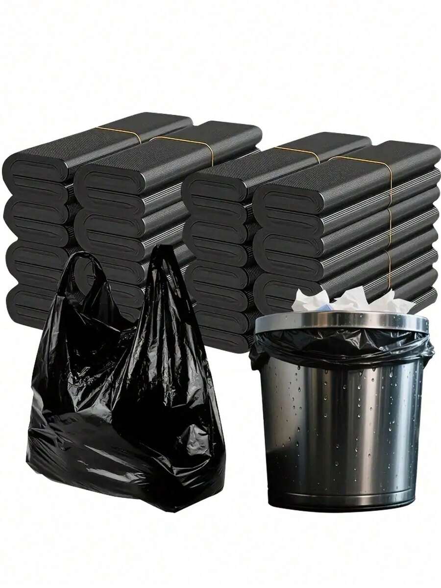 50个黑色垃圾袋，一次性多用途垃圾袋，带加固提手，适用于厨房、浴室、客厅、卧室和办公室垃圾管理 - 黑色 - 查看 1