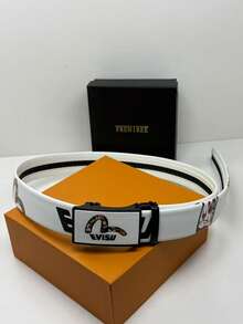 Casual White Cat & Geometric Pattern PU Leather Belt, All Season - White - View 1