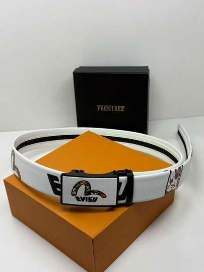 休闲白色猫咪几何图案PU皮革腰带，四季皆宜