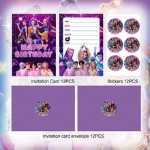 12件装K-Pop HUNTRX魔法少女小队完整生日派对邀请函套装，包含12张邀请函、12个信封和12张不干胶贴纸，邀请函和装饰贴纸场景，适合女孩、青少年、粉丝的派对用品套装，完美适用于情人节主题、生日、母亲节庆祝活动和团体聚会。 - 彩色 - 查看 2
