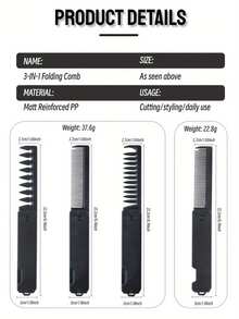 新款男女通用便携式折叠梳，三齿可互换设计，轻巧便携，适用于胡须和头发造型，打造柔顺直发，多功能理容工具，时尚尼龙材质 - 黑色 - 查看 3
