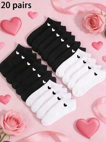 3/6/9/10/15/20 双装女士黑色、白色、灰色短袜，休闲百搭男女通用爱心图案乐福鞋袜，春夏款 - 彩色 - 查看 11