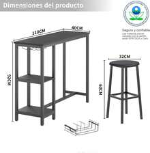 MOLORATE Mesa de Bar, Barra de Cocina,Comedor Viene con Dos Sillas para Barras y 3 Niveles de Estantes, Adecuado para Cocina y Bar Comedor (Negro) - Negro - Ver 2