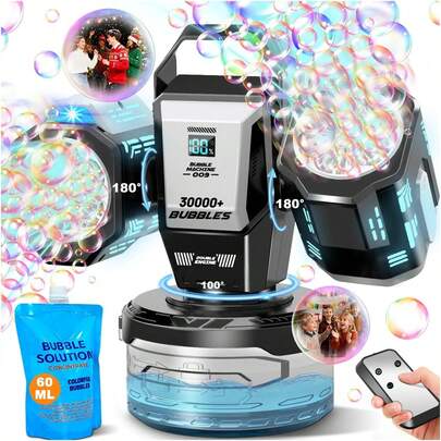 2026 Rechargeable Bubble Machine With RGB Lights: Creates 30,000 Bubbles/Min Storm, 360° Auto Rotation, Type-C Charging - Remote Control Bubble Maker, Suitable For Weddings, Kids Parties And Outdoor Activities