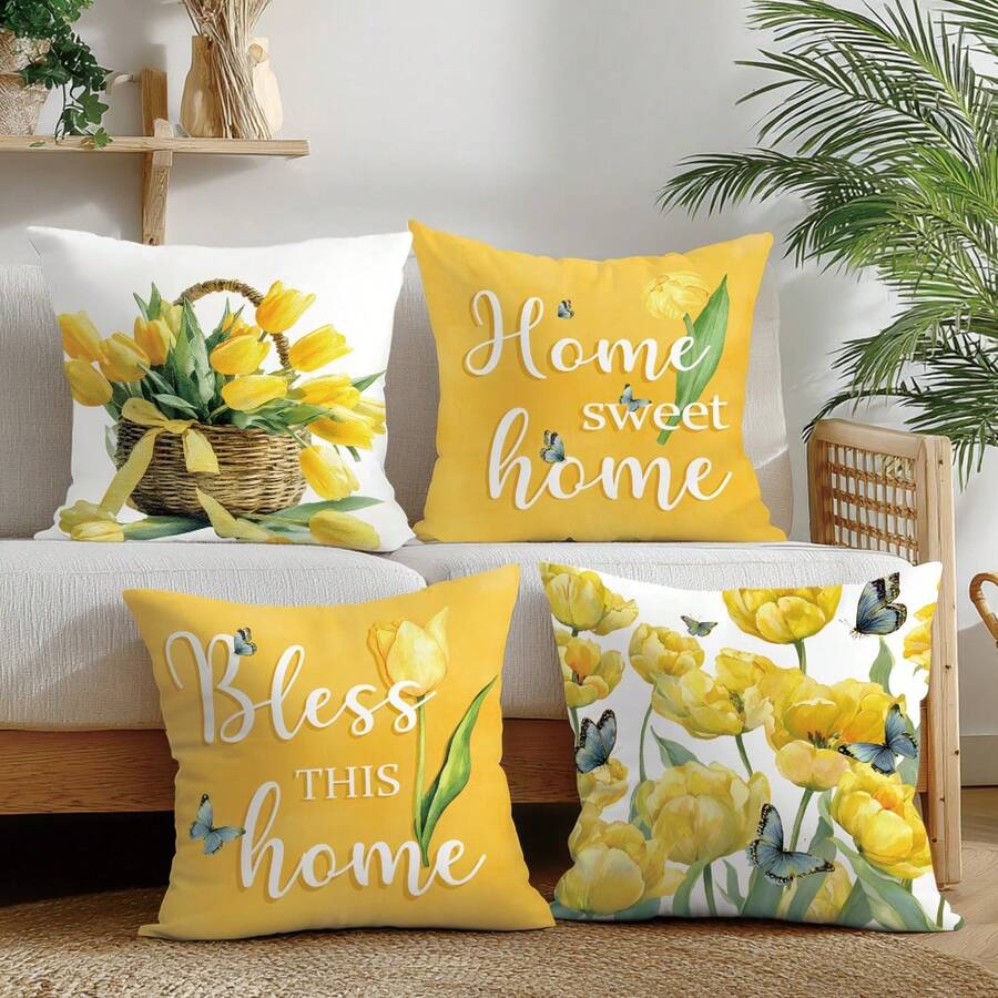 Bộ 4 vỏ gối đơn giản họa tiết hoa tulip vàng và bướm "Ngôi nhà ngọt ngào", in một mặt, chất liệu nhung màu đào, kích thước 45*45/50*50/40*40CM, thích hợp trang trí nội thất nhà hiện đại với ghế sofa, tiệc tùng hoặc làm quà tặng. - Nhiều màu - Xem 1