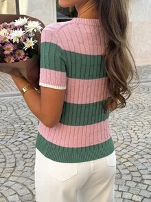 Just Masa Women Summer Casual Elegant Knit Top, Striped Contrast Color Textured Round Neck Short Sleeve Stretchy Fitted Minimalist Cute Lady Pullover Sweater, Suitable For Beach, Travel, Commute, Date, Daily Wear - Pink and Green Stripes - View 2