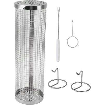 Cestas Rodantes para Asar, Cesta de Parrilla Cilíndrica de Malla de Alambre de Acero Inoxidable, Tubo de Red de Barbacoa Redondo Portátil, Accesorios para Parrilla de Barbacoa (L),40785594
