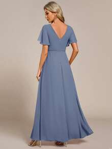 EVERPRETTY Navy Blue Formal Bridesmaid Dress With Elegant Butterfly Sleeves, Ruched Details And Front Slit, Suitable For Weddings Spring - Dusty Blue - View 5