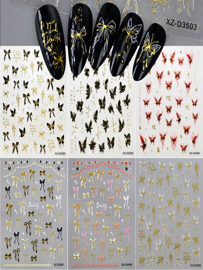 6Sheets Bowknot & Butterfly Design Nail Art Stickers,6pcs 3D Self Adhesive Nail Art Decals For Wedding & Valentine's Day Nail Designs Nail Art Supplies For Women And Girls Nail Art Decorations
