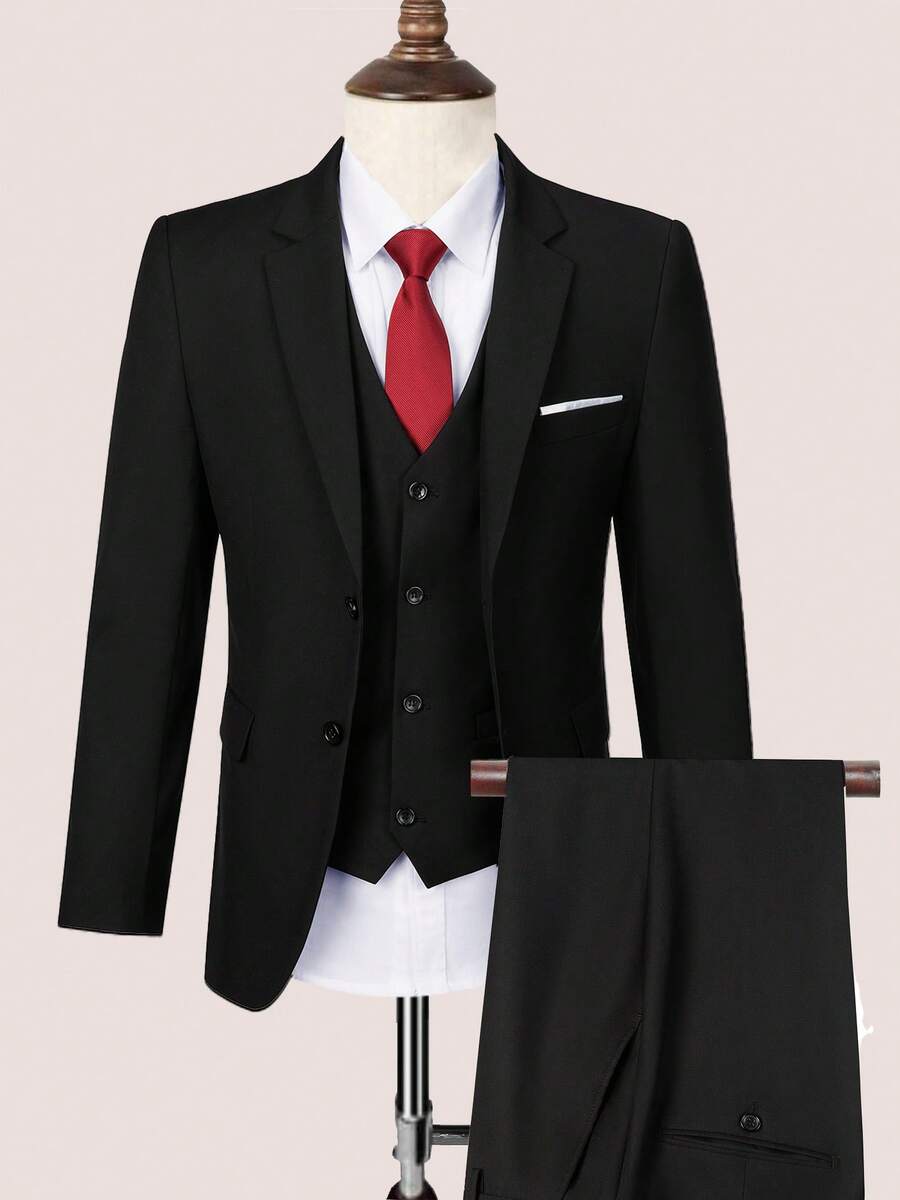 Men's Suit 3 Piece Wedding Suits 2 Buttons Slim Fit Tuxedo Set For Men Prom Casual Business Wedding Man Jacket Blazer Vest Pant XS-3XL - màu đen - Xem 1