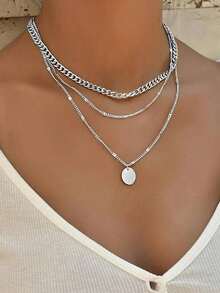 Disc Decor Layered Chain Necklace - 銀色 - 查看 1