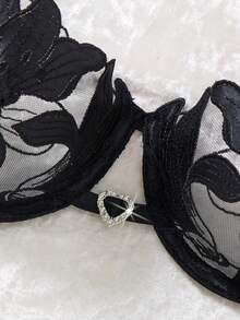 3套（6件）女士舒适柔软刺绣百合花心形图案文胸内裤套装，彩色支撑无缝文胸和丁字裤，家居服风格露脐上衣和丁字裤 - 黑色 - 查看 5