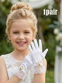 1 Pair 3-10Y Kids Satin Smooth Elastic Bow Gloves - Satin Flower Girl Gloves For Girls Pageant, Ballet Recital, Princess Birthday & Wedding, Ultra Soft - 1Pair - View 2
