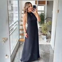 Long, Backless, Halter Neck Dress, Elegant Long Fabric, Perfect For Parties, Graduations, Formal Style, One Size Fits All. - màu đen - Xem 2