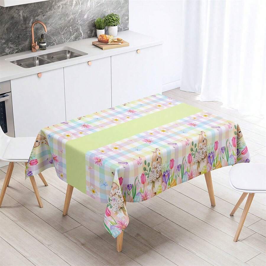 Easter Disposable Tablecloths Plastic Bunny Flower Pattern Plaid Table Covers For Party Holiday Home And More - Multicolor - View 1