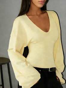 Women's Solid Color Sexy Elegant Deep V-Neck Long Flare Sleeve T-Shirt, Versatile For Spring/Summer - Light Yellow - View 2