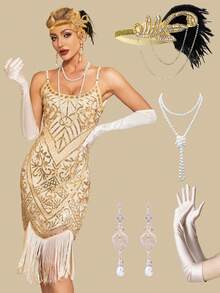 1920s Flapper Party Dress Set, F. Scott Fitzgerald Style Costume Accessories - Apricot - View 1