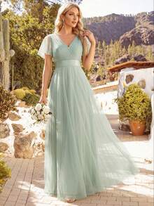 Đầm phù dâu thanh lịch màu xanh lá cây nhạt, cổ chữ V, dáng chữ A, chất liệu chiffon, thích hợp cho khách dự đám cưới, ngày Valentine, tiệc sinh nhật và các dịp trang trọng mùa xuân. - Màu xanh Bạc hà - Xem 4