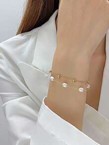 1 chiếc vòng tay ngọc trai giả nhiều lớp, kiểu dáng tinh tế sang trọng, trang sức thời trang thanh lịch dành cho nữ, phù hợp cho hẹn hò, đi làm và đeo hàng ngày (Đóng gói trong túi OPP) - Vàng - Xem 3