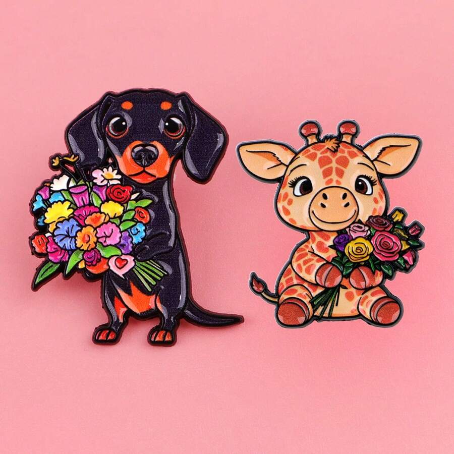 2pcs/Set Cute Enamel Pin Lapel Pins Badges On Backpack Women's Brooch Clothes Gift Jewelry Fashion Accessories - Black - View 1