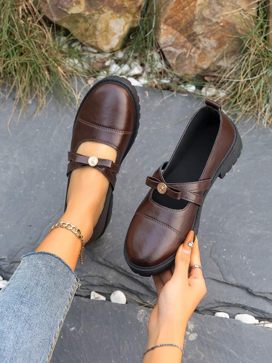 2026 Spring French Bow Shallow Mary Jane Shoes For Women, Black Chunky Heel Flats, Loafers - Brown - View 1