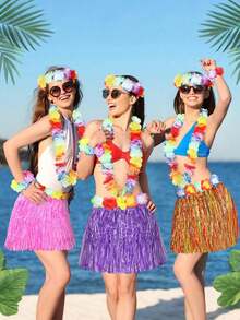 5pcs/Set Hawaiian Style Grass Skirt, Tropical Hawaiian Grass Skirt For Summer Beach Vacation, Hawaiian Party Gifts, Creative Gifts, Party Decorations Grass Skirt, Performance Grass Skirt, Separate Flower Wreath Decoration For Hawaiian Party, Flower Necklace, Headband, Bracelet, Christmas - Multicolor - View 5