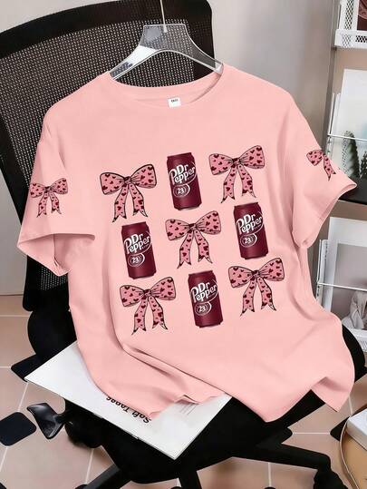 1pc Girls Beverage & Bow Print Short Sleeve T-Shirt, Comfortable Soft Casual Sports Round Neck Tee, Suitable For Spring/Summer Street Wear
