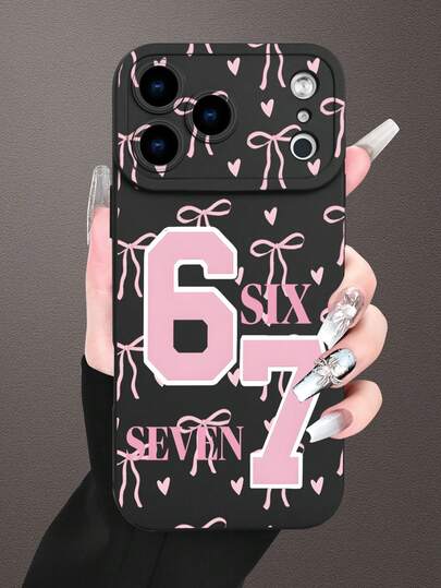 Preppy Pink Varsity Numbers 6 & 7 With Bow & Heart Pattern On Black Phone Case, Pattern Design Theme Luxury Shockproof Aesthetic Cute Phone Case, Lens Protrusion Protection, Compatible With IPhone 17/17Pro/17Pro Max, 16, 15,14, 13, 12, 11 Plus/Pro Max And Series, And Compatible With Galaxy S/A Series, Gift For Easter Day, Decoration/Gift For Birthday, Girlfriend, Boyfriend, Friend Or Yourself