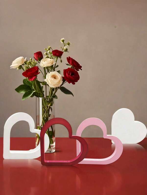 4pcs Wooden Heart-Shaped Centerpiece Decor, Red Heart-Shaped Plaque, Ideal For Romantic Valentine's Day Dining Table, Fireplace, Home Decor