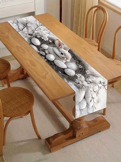 1pc Elegant Gray Rabbit Wreath Table Runner, Suitable For Easter, Rabbits, Eggs, Floral, Fabric Table Decor Runner With Clear Printed Design, Home Decoration, Festival, Gift, Suitable For Family Gatherings, Indoor And Outdoor, Entryway