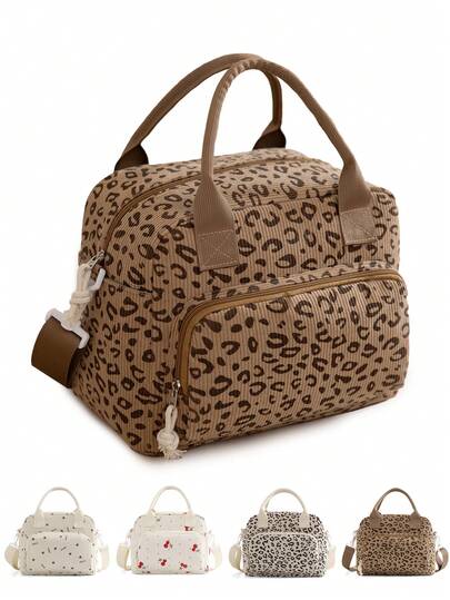 Leopard Muster isolierte Lunch-Tasche für Frauen, große Kapazität wiederverwendbare Lunch-Tragetasche mit Schultergurt, süße Kirsch-Cord-Lunch-Box-Kühltasche für Arbeit, Büro, Schule, Reisen, Picknick, stilvolle thermische Lebensmittel-Aufbewahrungstasche, multifunktionale Picknick-Tasche, Schul-Zubehör, Rückkehr zur Schule, Zubehör, wasserdichte Outdoor-Camping-Essentials