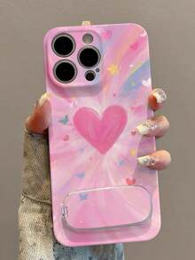 1pc Pink Girly Aesthetic Film Shell Oil Painting Rainbow Heart Full Coverage Phone Case + 3D Invisible Mirror Stand Holder Compatible With IPhone 11/12/13/14/15/16/17/Pro Max - Pink - View 1
