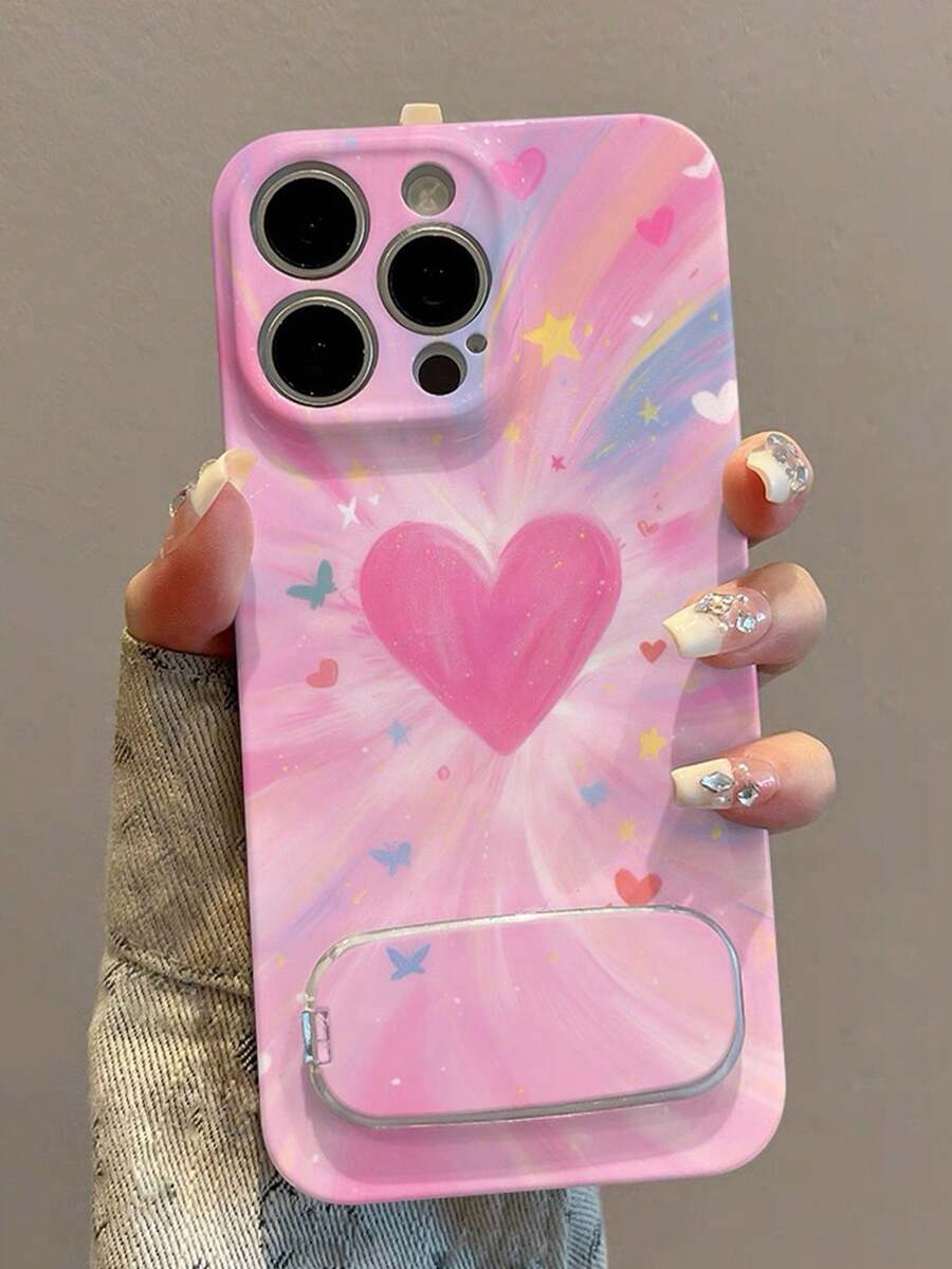 1pc Pink Girly Aesthetic Film Shell Oil Painting Rainbow Heart Full Coverage Phone Case + 3D Invisible Mirror Stand Holder Compatible With IPhone 11/12/13/14/15/16/17/Pro Max - Pink - View 1