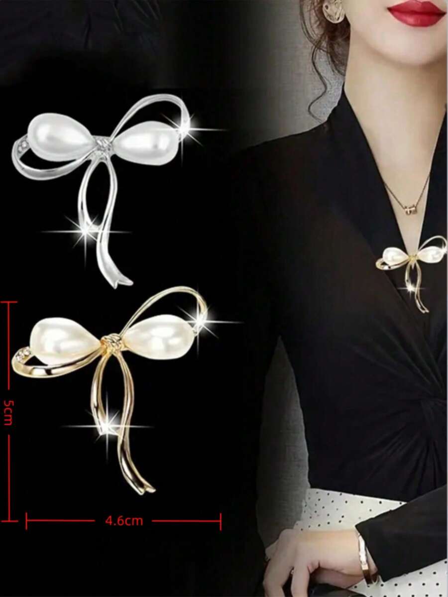 1pc Pearl Bow Brooch, Practical Accessory, Can Be Pinned On Scarves, Sweaters, Jackets To Prevent Wardrobe Malfunction, Fashionable, Elegant And Practical, Faux Pearl Brooch - Multicolor - View 1