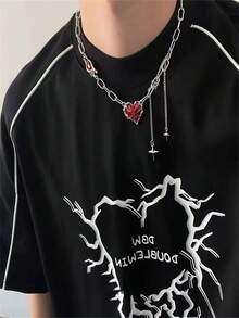 1pc Hip Hop Red Heart Pendant Necklace, Men's Christmas, New Year, Valentine's Day Holiday Gift - Silver - View 1