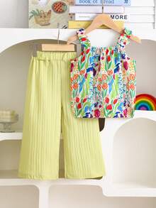 2pcs Girls Colorful Floral Print Vest & Ruffle Shorts Set, Casual Outfit Suitable For Outdoor Play, Machine Washable, Great Gift For Granddaughter - Multicolor - View 1