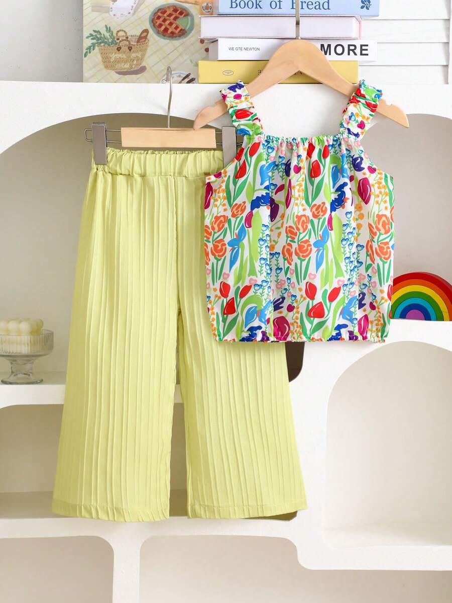 2pcs Girls Colorful Floral Print Vest & Ruffle Shorts Set, Casual Outfit Suitable For Outdoor Play, Machine Washable, Great Gift For Granddaughter - Multicolor - View 1