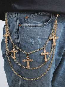 1pc Exaggerated Punk Style Fashionable Cross Pendant Chain Belt Decor, Suitable For Men's Daily Wear, Small Gift - 銀色 - 查看 8
