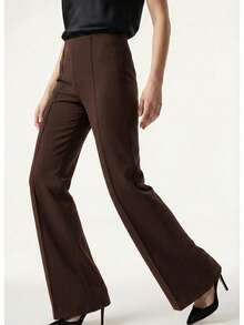 Women's Elegant Black Flare Leg Long Pants With Medium Stretch And Zipper Detail - Brown - View 2