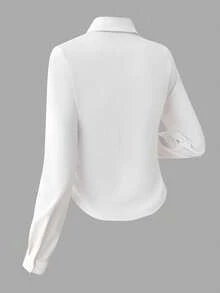 EARO Chic Women's White Embroidered Badge Shirt, Long Sleeve Collared Blouse For Spring Commute, Fitted Layering Top With Versatile Style - White - View 3