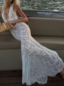 Women Sexy See Through Sheer Lace Halter Long Dress Sleeveless Backless Floral Patch Maxi Dress Summer Beach Vacation Party Cover Up Dress - 白色 - 查看 4