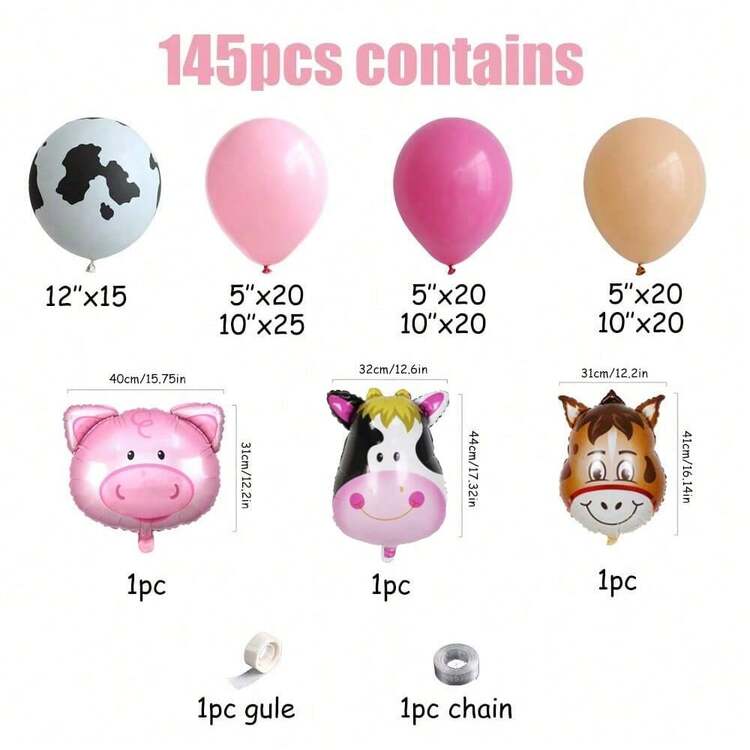 PAGEEBO 145 piezas Decoraciones de fiesta con tema de vaca, Set de arco de globos de vaca rosa, incluye globos de látex con estampado de vaca, adecuado para baby shower de vaquera, decoración de fiesta de cumpleaños con tema de animales de granja - Multicolor - Añade 7