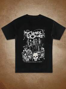 1pc Women's THE BLACK PARADE [Band Name] Skull Print T-Shirt - Dark Rock Style Iconic Tee Suitable For Music Festivals & Casual Attire, Comfortable Casual Wear, Perfect Gift For Fans (Machine Washable) - màu đen - Xem 1