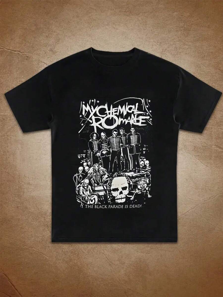 1pc Women's THE BLACK PARADE [Band Name] Skull Print T-Shirt - Dark Rock Style Iconic Tee Suitable For Music Festivals & Casual Attire, Comfortable Casual Wear, Perfect Gift For Fans (Machine Washable) - màu đen - Xem 1