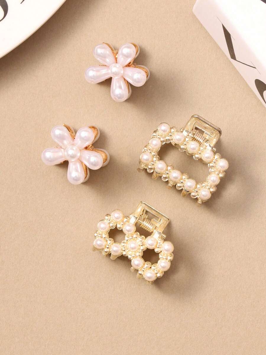 4pcs Women's Elegant Pearl & Rhinestone Hair Clips, Versatile Metal Small Hair Claws, Exquisite Everyday Accessories Women Claw Clip - Gold - View 1