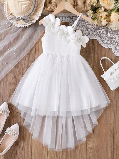 女童白色碎花连衣裙，饰有3D珍珠，层叠网纱裙摆设计，吊带公主裙，优雅精致，适合日常穿着/派对场合