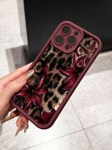 Cute Pink Lily Flower & Leopard Print Matte Anti-Drop Phone Case Compatible With IPhone 11, 12, 13, 14, 15, 16, 13 Pro Max, 16 Plus, 17 Pro Max, Scratch Resistant,Fashionable Valentine's Day Gifts,Summer Flower - 酒紅色 - 查看 4