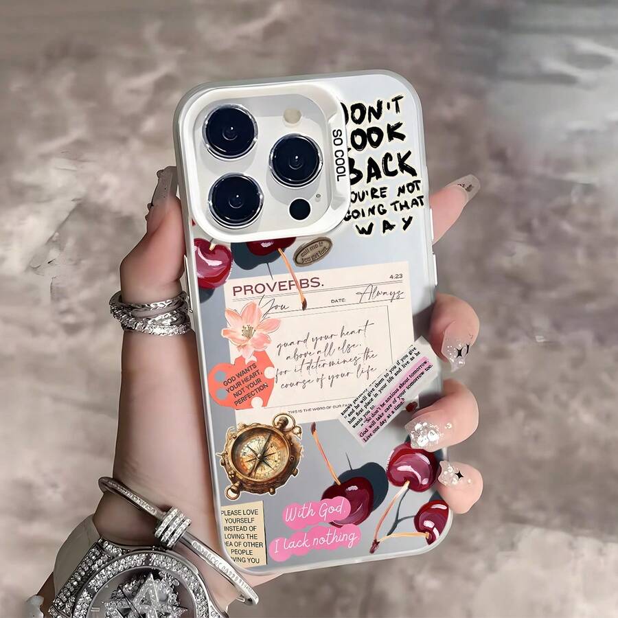 1个信仰拼贴治愈风格TPU手机壳，适用于16/15/14/13/12 Pro Max多摄像头版本，带有圣经经文、樱桃、指南针元素，适合作为趣味礼物，生日必备手机壳。适合送给女朋友、朋友、闺蜜、家人、同事、情侣、同学、老师或自己。 - 彩色 - 查看 1