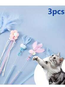 3pcs Cat Toys Set, Including Teaser Wand, Fairy Wand, And Feather Stick With Bell, Designed For Pets, Durable, No Battery Required - Multicolor - View 10